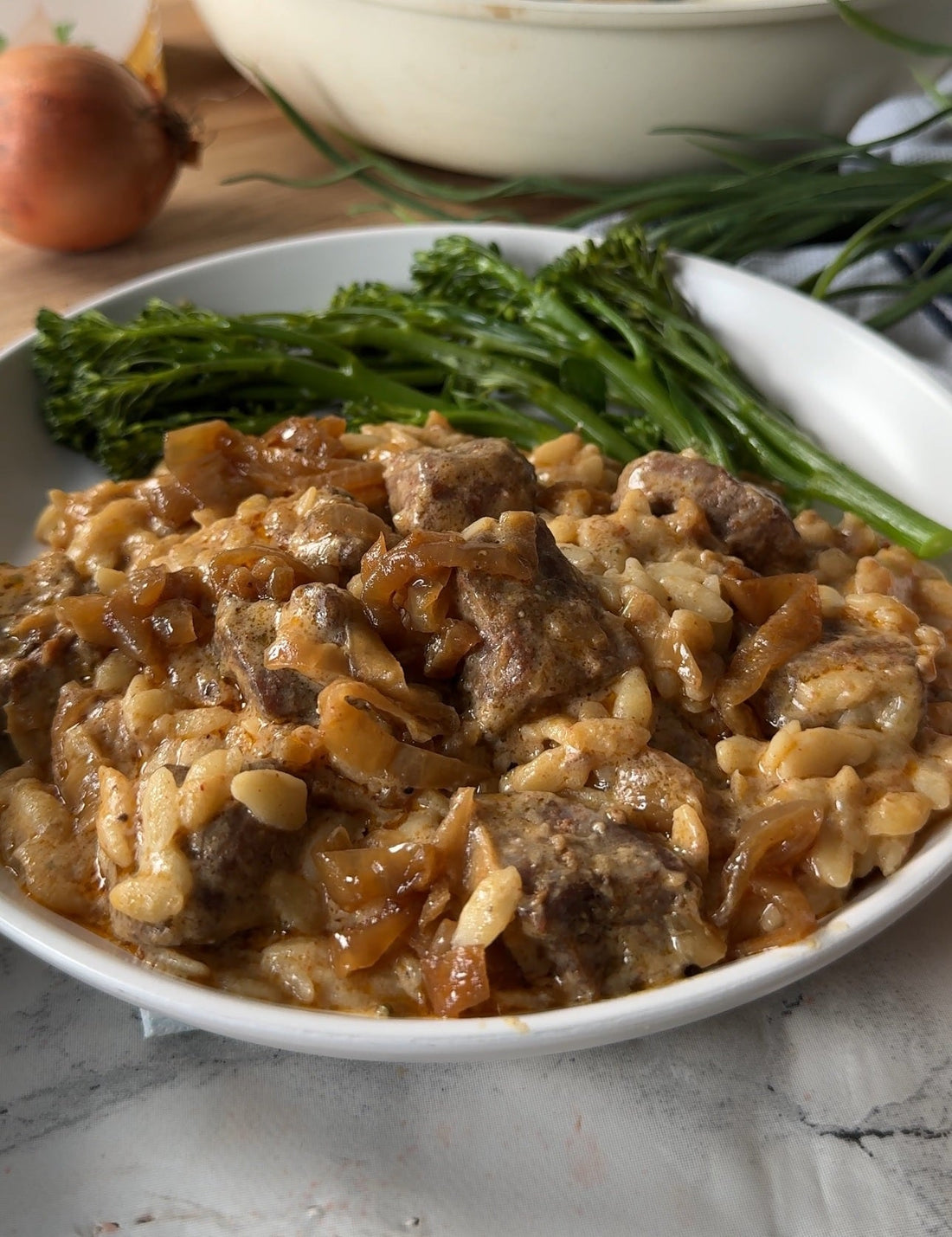 Cheesy Caramelised Onion Beef Orzo by Emma Wells